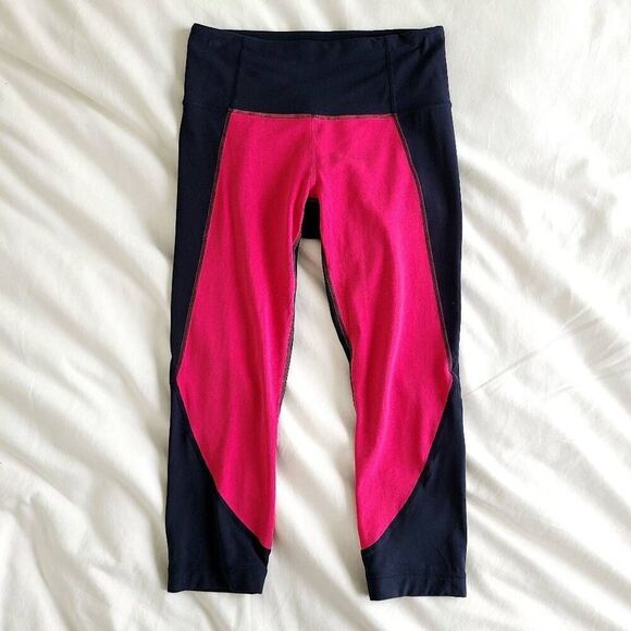 Athleta Cropped Leggings Women's Small Navy/Pink Nylon Blend Stretch Pull On - Picture 1 of 4